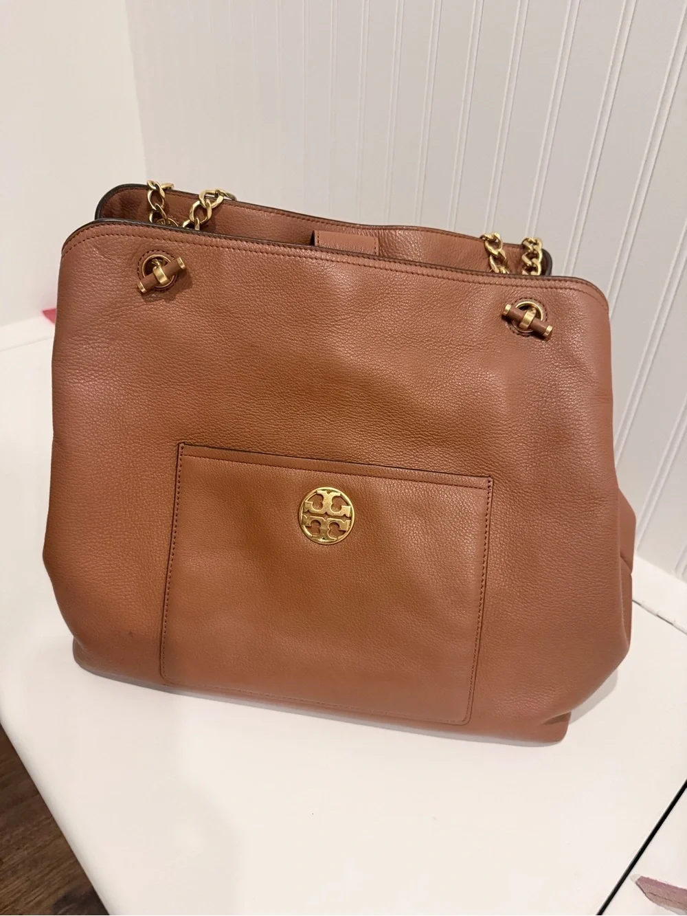 Tory Burch Britten Small Slouchy Tote Bark Brown Pebbled Leather